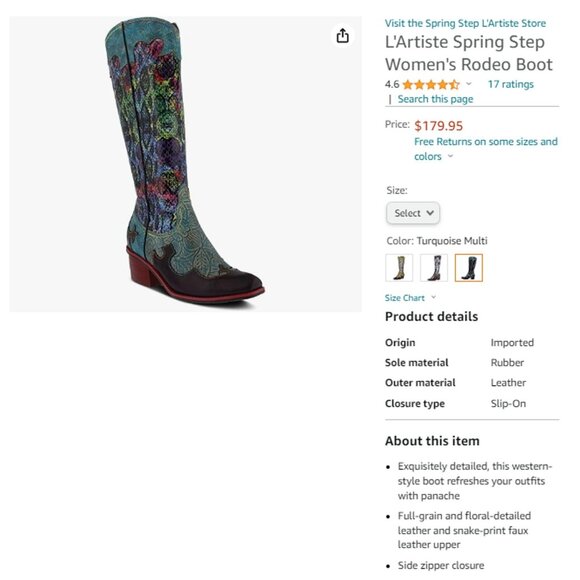 L'Artiste Spring Step Rodeo Women 5 Turquoise Leather Snake Zipper Western Boots - Picture 5 of 16